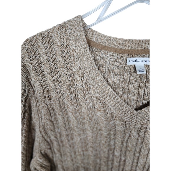 Croft & Barrow Women's Cable Knit V-Neck Sweater Size L Long Sleeve Beige Cotton - Picture 5 of 8